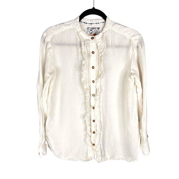 PILCRO Women's White Frayed Ruffle Linen Blend Button Down Blouse Small - Picture 1 of 5